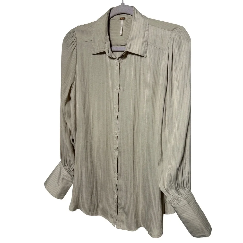 Free People Serena Striped Puff Shoulder Button Up Shirt Beige Women's Small